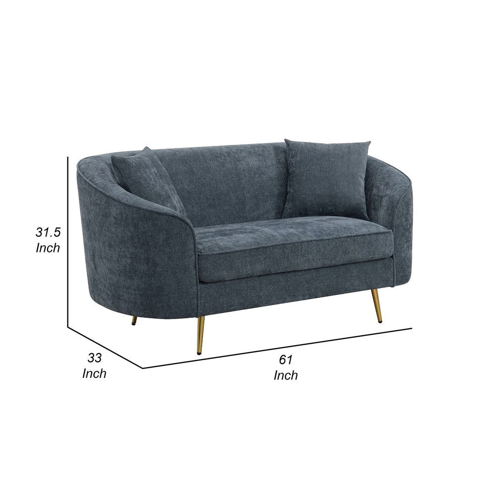 Kenny Loveseat 2 Pillows Cobalt Blue Chenille Gold Metal Legs 61’’ BM324337