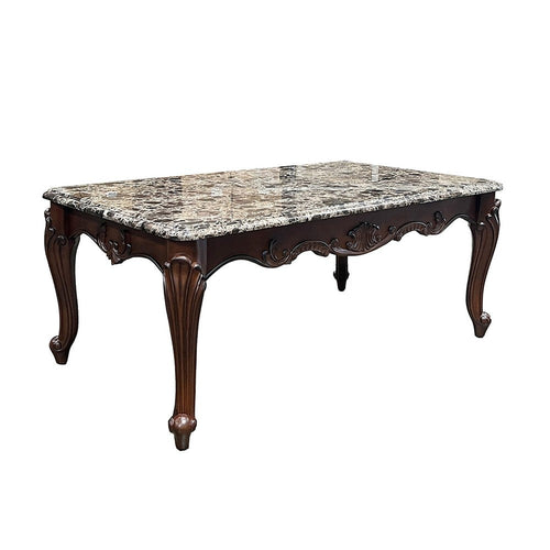 Aliya Coffee Table, Rectangular 48" Marble Top, Cherry Brown Wood