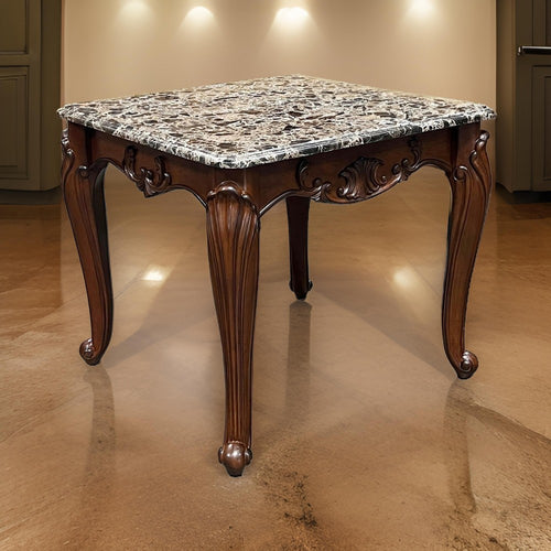 Aliya Side End Table, Rectangular 28" Marble Top, Cherry Brown Wood