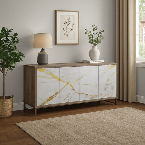 Avia Sideboard Console Cabinet, White Marble Look, 4 Doors, Brown 65"
