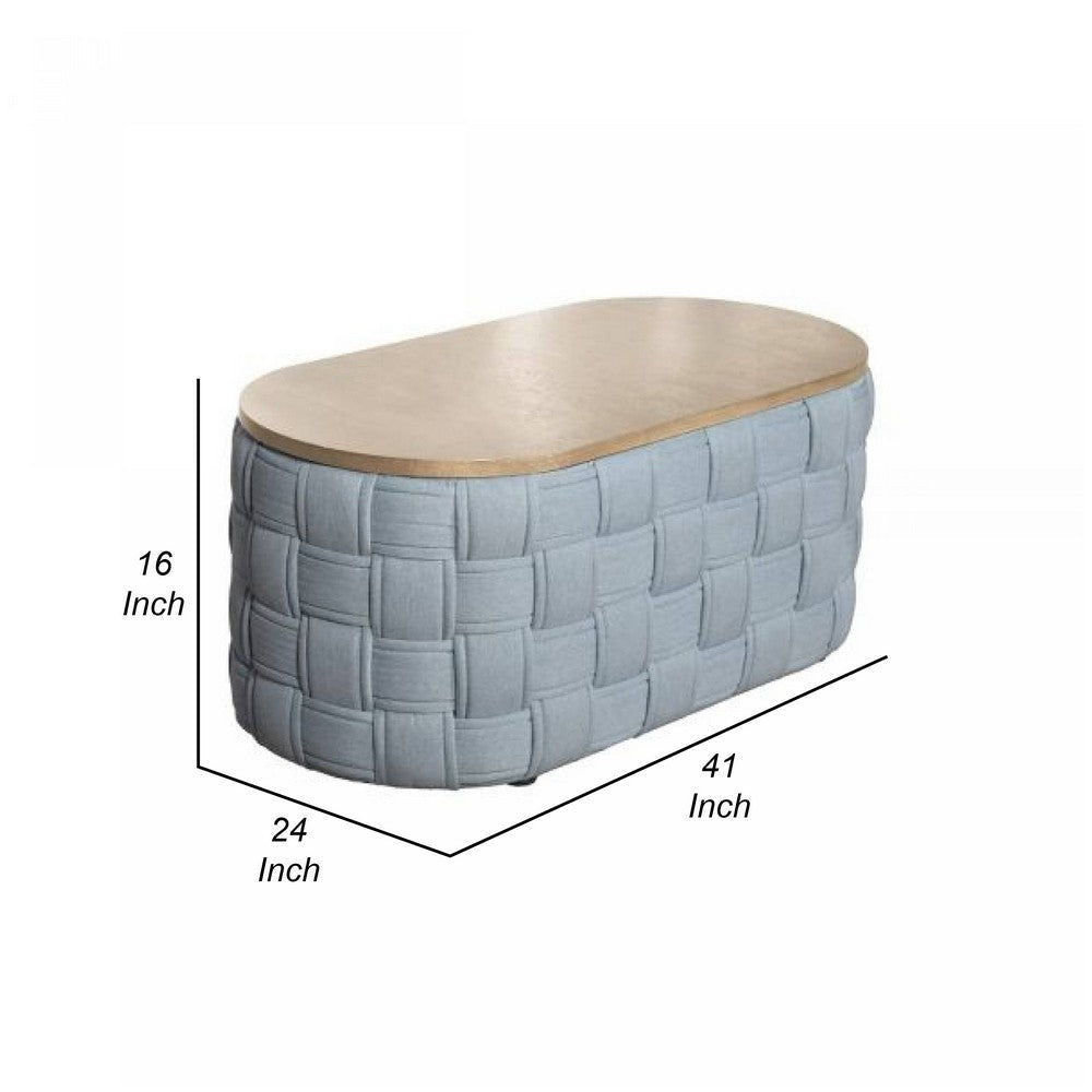 Reah Coffee Table Knitted Light Blue Chenille Fabric Brown Wood 41’’ BM324356