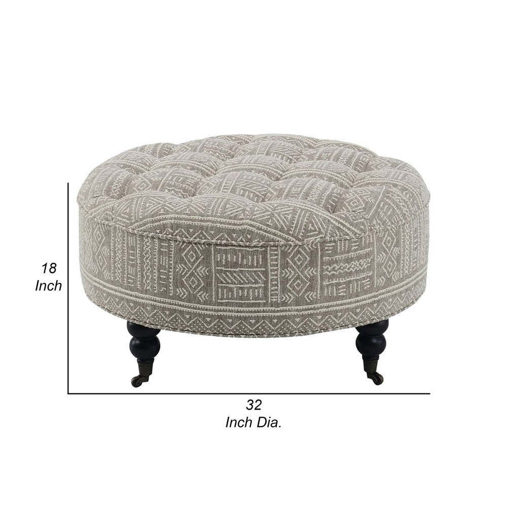 Savoir Ottoman Beige White Fabric Caster Wheels Black Legs 32’’ BM324361