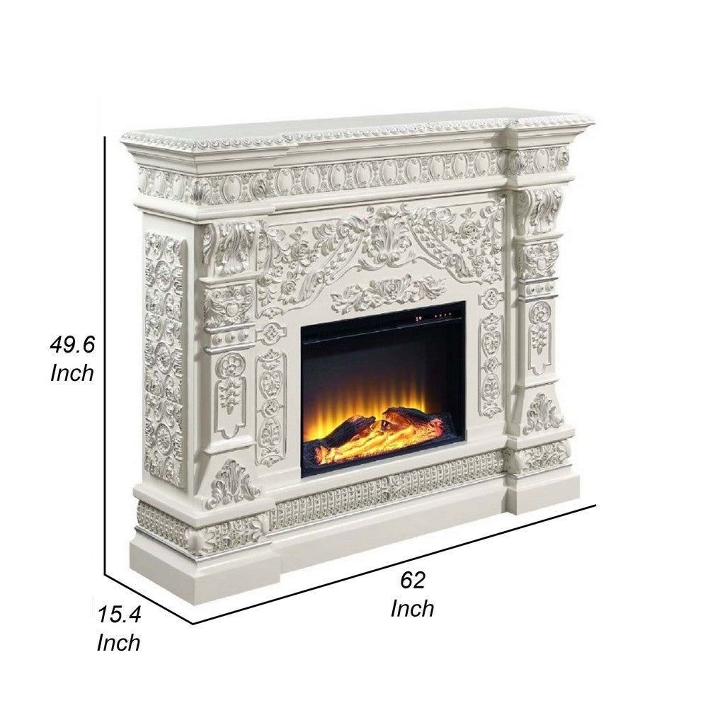 Kin LED Electric Fireplace Classic Floral Carvings Antique White 62’’ BM324366