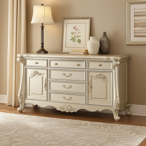 Bowe Wide Dresser Chest, 6 Drawers 2 Doors, Champagne Gold Wood Finish
