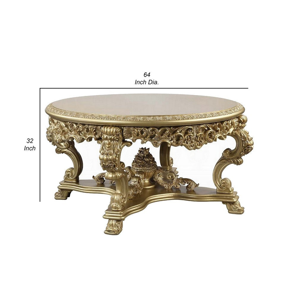 Rexx Dining Table Ornate Rococo Inspired Carvings Round 64’’ Gold BM324400