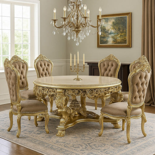 Rexx Dining Table, Ornate Rococo Inspired Carvings, Round 64" Gold