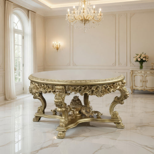 Rexx Dining Table, Ornate Rococo Inspired Carvings, Round 64" Gold