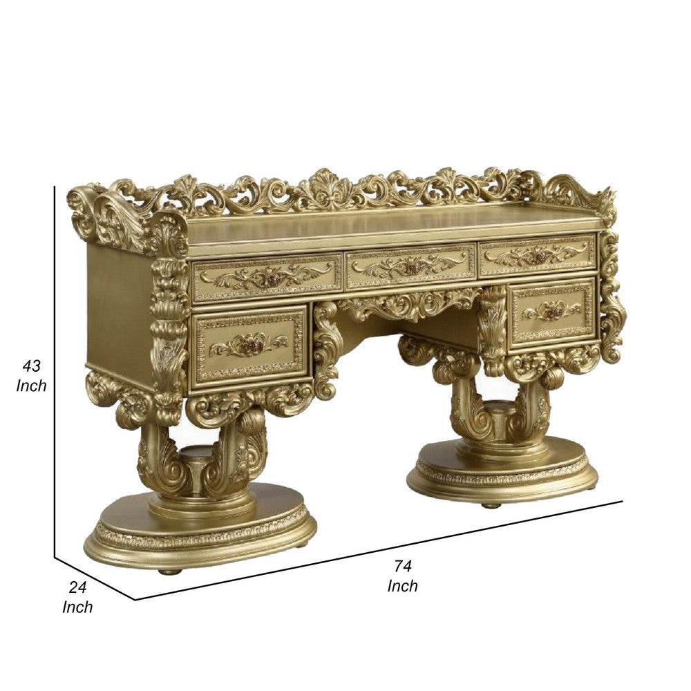 Rexx Vanity Desk with 5 Drawers and Ornate Carvings 74’’ Gold Wood BM324402