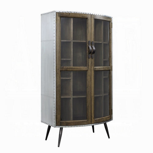 Bran Accent Cabinet, 2 Doors, 68", Nailhead Trim, Silver, Brown Wood