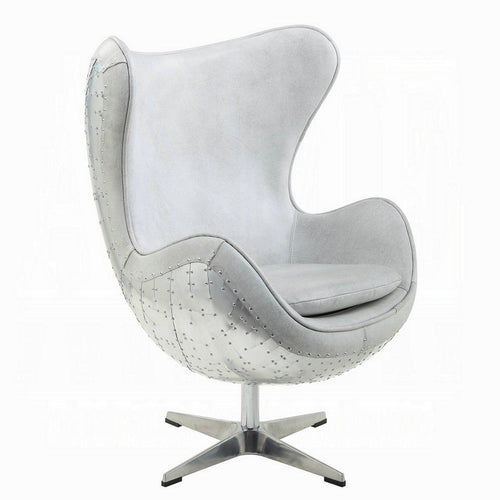 Bran Accent Chair with Swivel, Riveted Metal, White Top Grain Leather