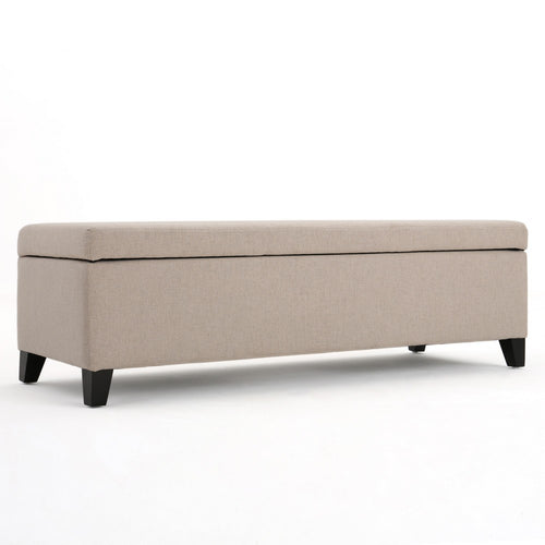 Storage Bench Ottoman, Ivory, 51" Cushioned Seat, Birch Wood Legs
