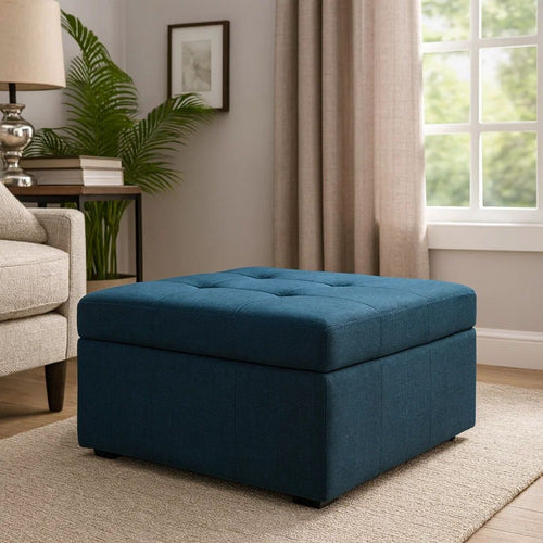 Low Accent Ottoman with Storage, 31 Inch Square, Tufted Navy Blue