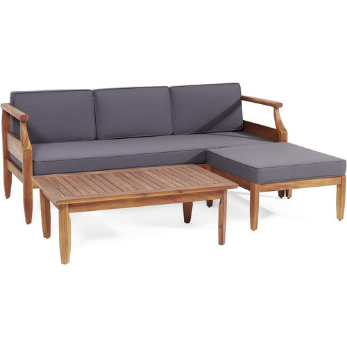 3pc Outdoor Sofa, Ottoman, and Table Set, Teak Brown Acacia Wood, Gray