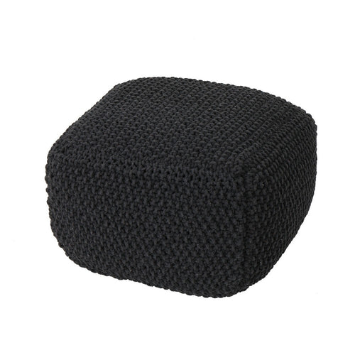 Alen Ottoman Cube Pouf, 21" Handcrafted Boho Dark Gray Knitted Cotton