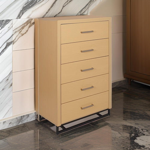 Tall Dresser Chest with 5 Drawers, Black Iron Base, Natural Brown Wood