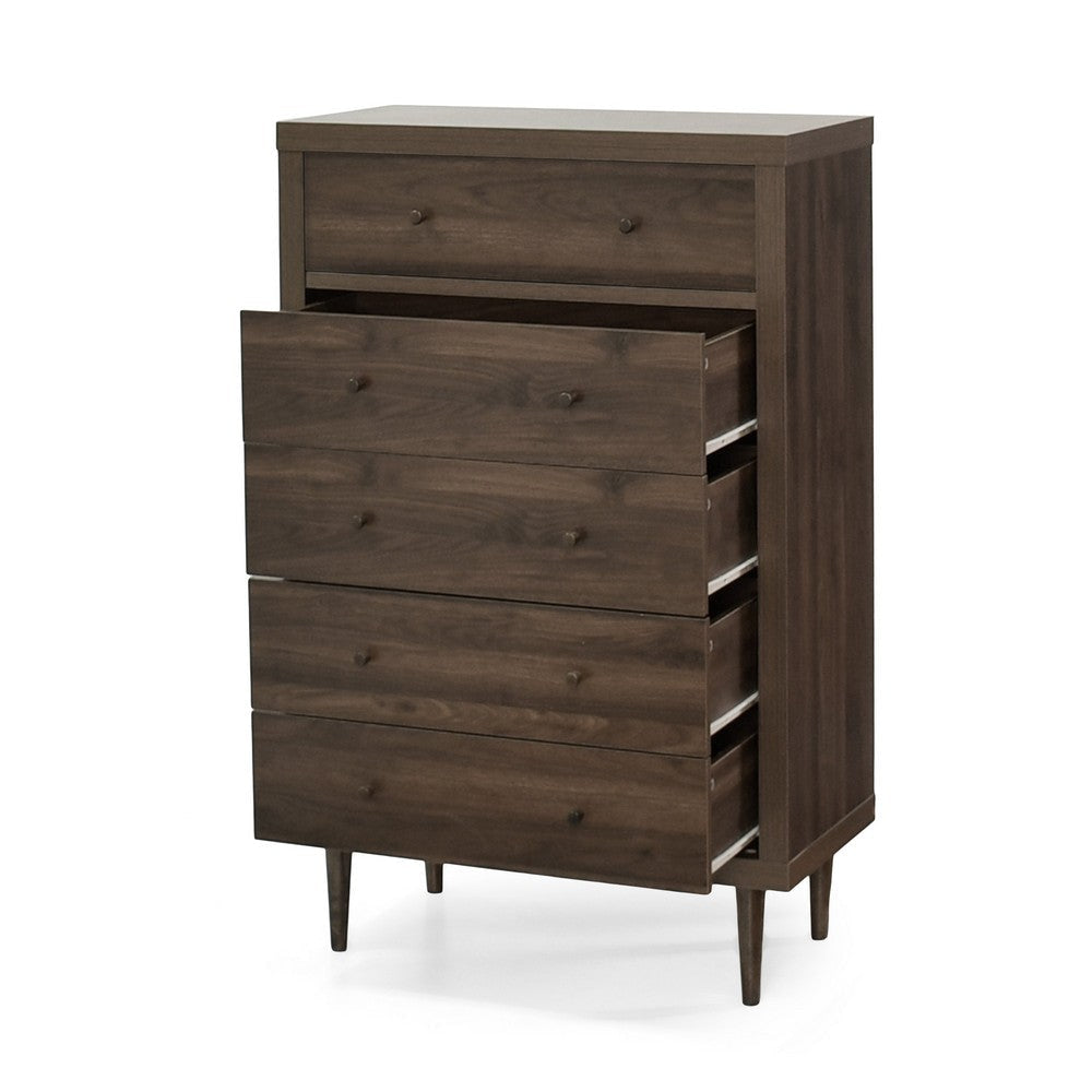Minie Tall Dresser Chest 5 Drawers Rubberwood Modern Walnut Brown BM324449