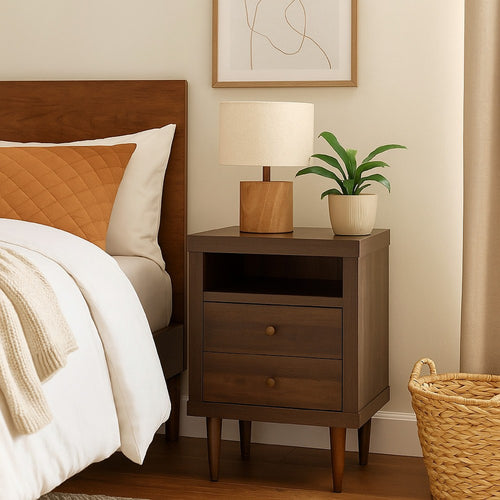 Minie 2 Drawer Nightstand with Shelf, Rubberwood Legs, Walnut Brown