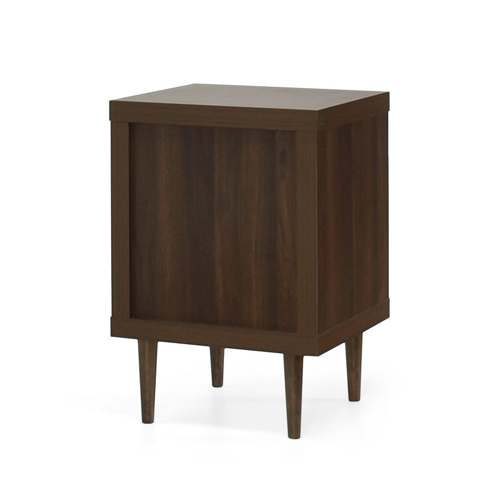 Minie Nightstand with 1 Drawer, Shelf, Rubberwood Legs, Walnut Brown