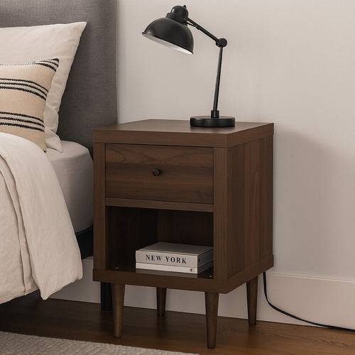 Minie Nightstand with 1 Drawer, Shelf, Rubberwood Legs, Walnut Brown