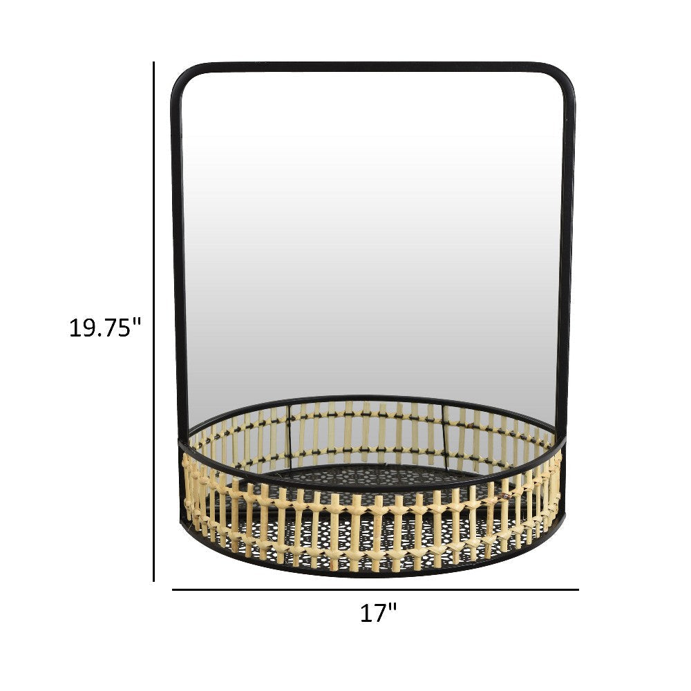 Elpis Wall Mirror Decor with Woven Shelf 20’’ Tall Black Metal