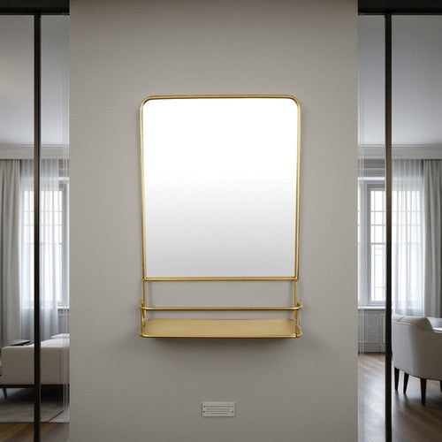 Rectangular Wall Mirror Decoration with Shelf, 17 x 24, Gold Metal