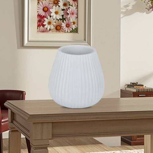 Azra Vase with Ribbed Texture and Wide Mouth Opening, 8" White Resin