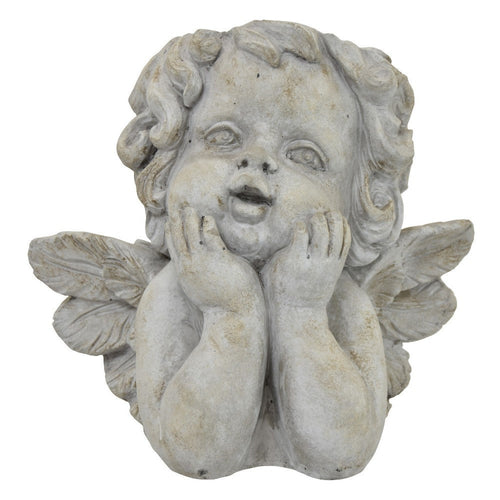 Cherub Bust Planter with Carved Wings and Curls, 10" Gray Resin