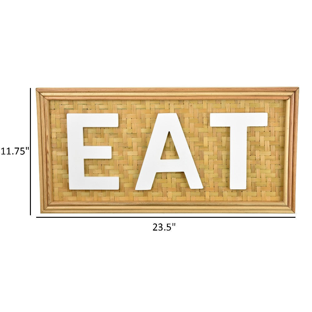Eat Wall Decor Sign 24’’ Brown Wood Background White Woven Text BM324548