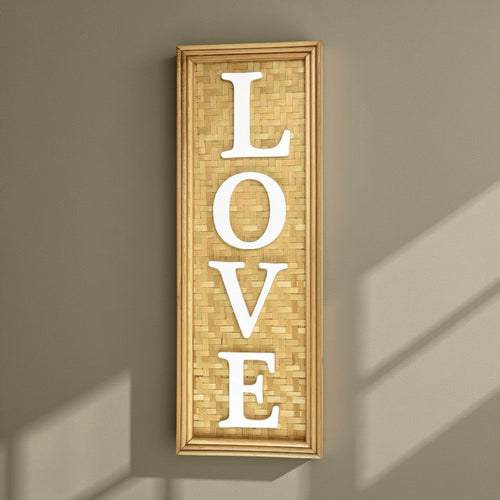 Love Wall Decor Sign, 10x28" Brown Wood Background, White Woven Text