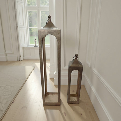 Akira Tabletop Candle Holder Lantern Set of 2, Gold Metal, Top Hook