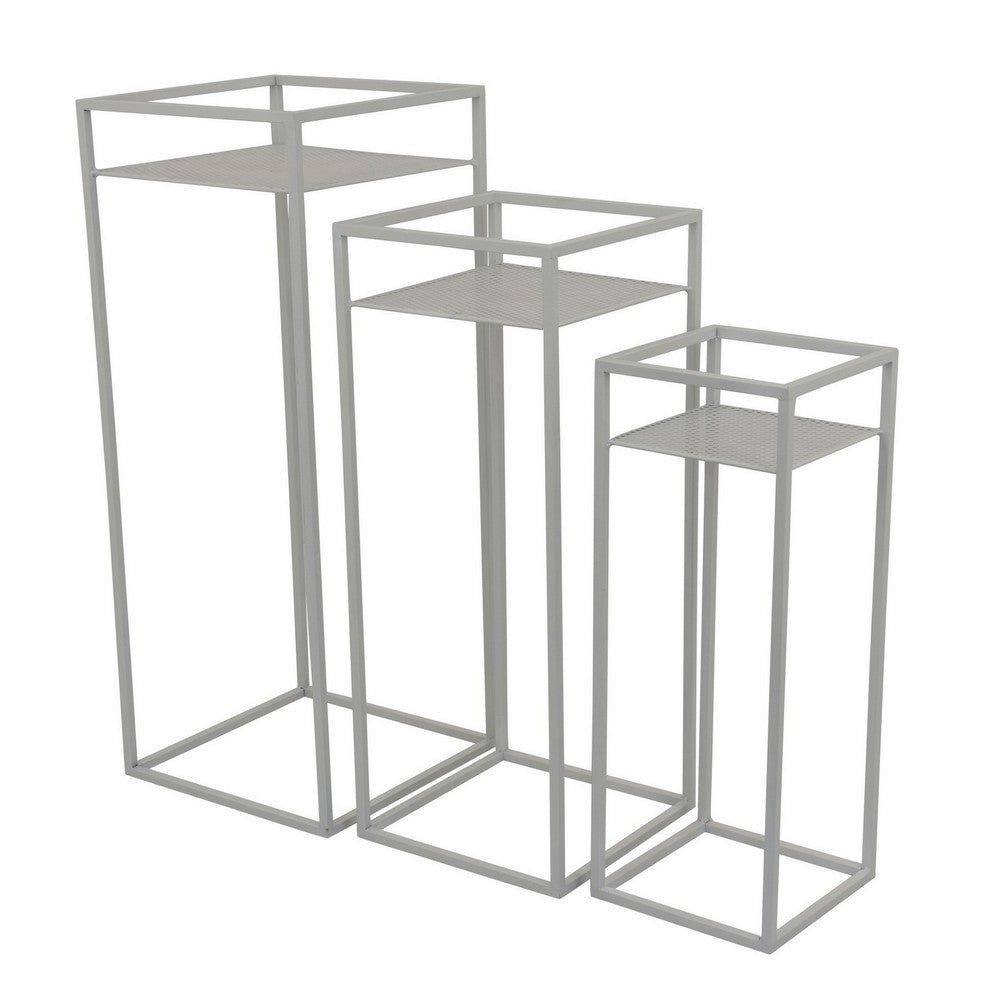 Sano Plant Stand Table Set of 3, Mesh Pattern, White Metal, Square