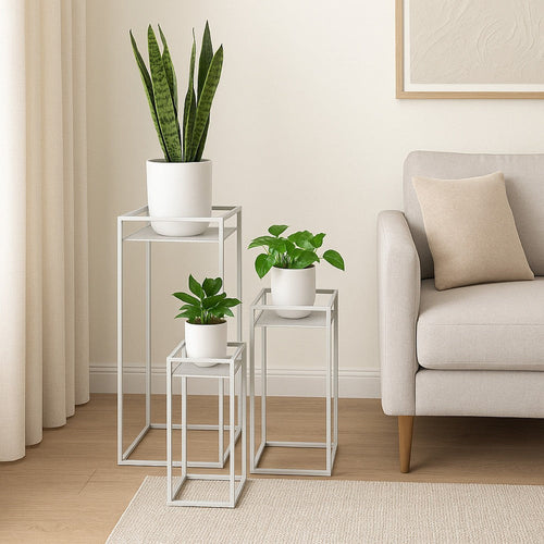 Sano Plant Stand Table Set of 3, Mesh Pattern, White Metal, Square