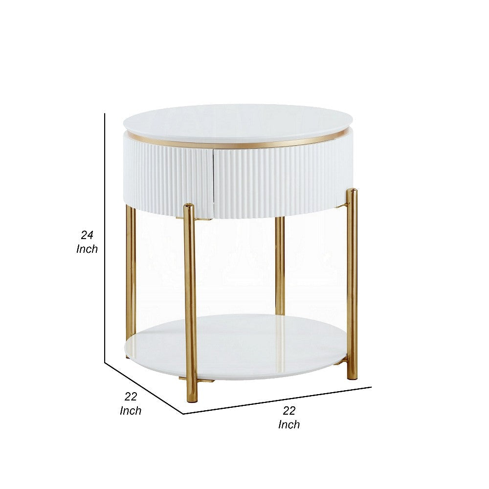 Tyce Side End Table with Drawer 22 Inch Glossy White Gold Metal BM324668