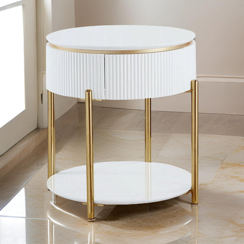 Tyce Side End Table with Drawer, 22 Inch Glossy White, Gold Metal