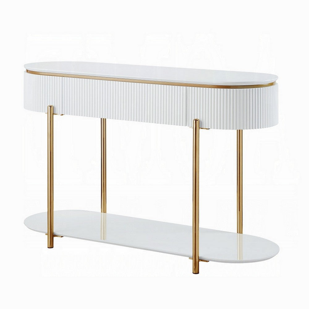 Tyce Sofa Table with Drawer Shelf 47 Inch Glossy White Gold Metal BM324669