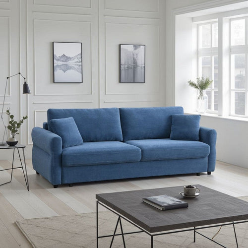 Sofa with Queen Size Pull Out Sleeper, 92" Wood Frame, Blue Fabric