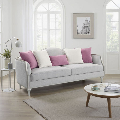 Kyna Sofa with 5 Pillows, 94", Champagne Wood Trim and Beige Linen