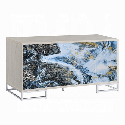 Sideboard Console Cabinet, 4 Door, 65 Inch Blue Marble Paint, White