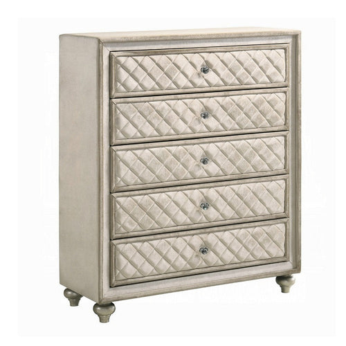 Willa Tall Dresser Chest, 5 Drawers, Faux Crystal, Tufted Beige Velvet