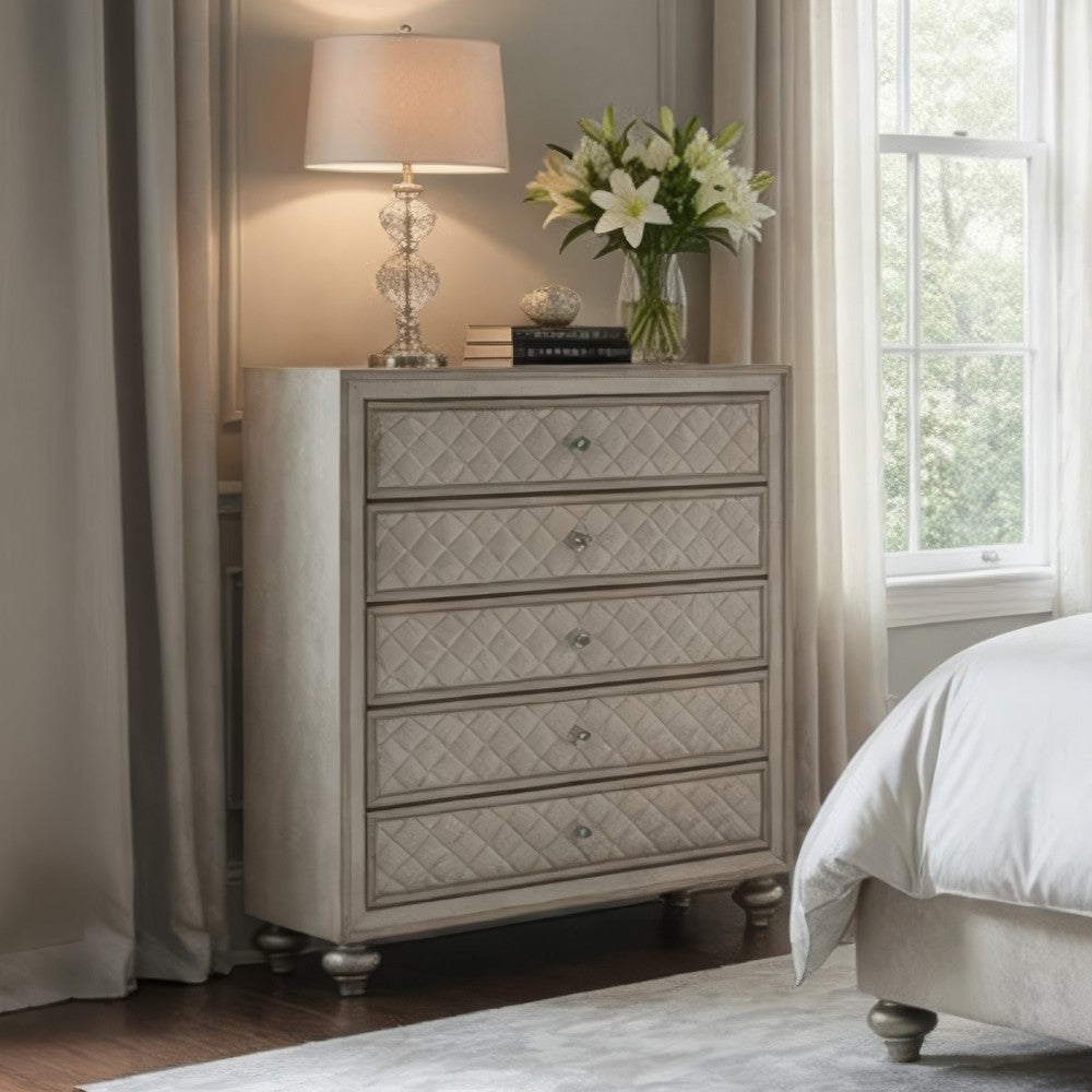 Willa Tall Dresser Chest, 5 Drawers, Faux Crystal, Tufted Beige Velvet