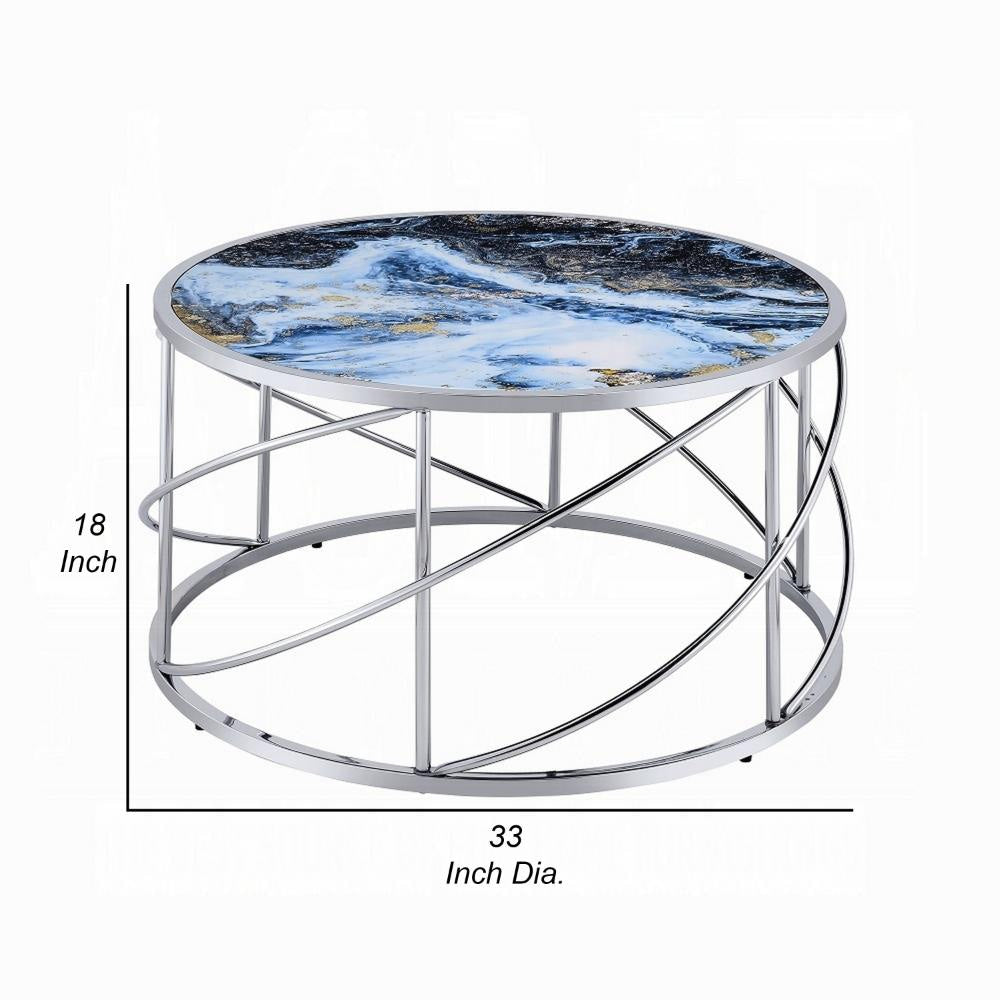 Shira Round Coffee Table 33 Inch Open Chrome Base Blue Faux Marble BM324706