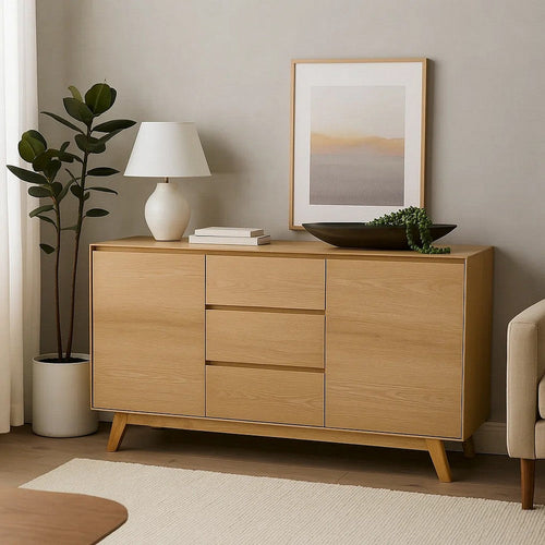 Semi Sideboard Buffet Console, 3 Drawers, 2 Cabinets, Oak Brown Wood
