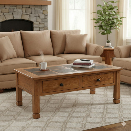 Marv Coffee Table, 2 Drawers, 49" Rectangular Top, Brown Slate Inlay