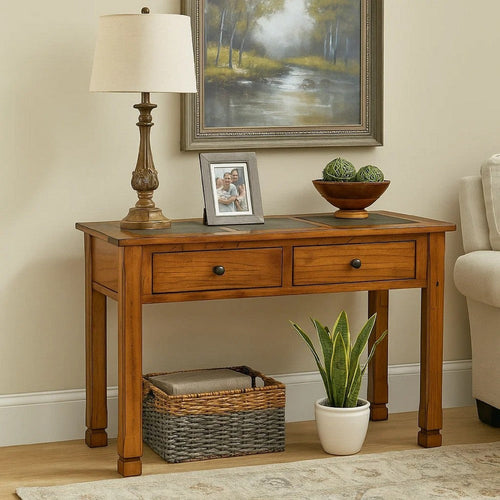 Marv Sofa Table w 2 Drawers, 48" Rectangular Slate Inlay, Brown Wood