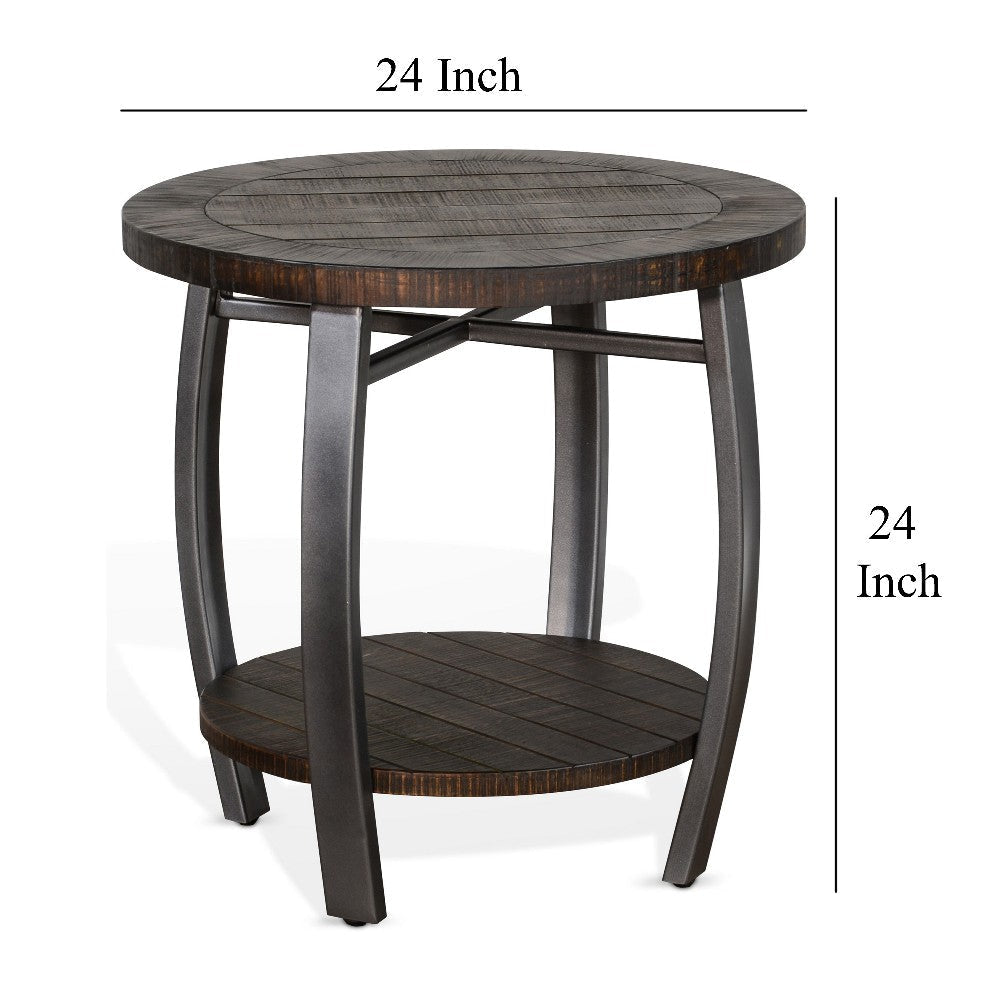 Flint Side End Table w Shelf Round Barrel Shape 24’’ Dark Brown Wood BM324752