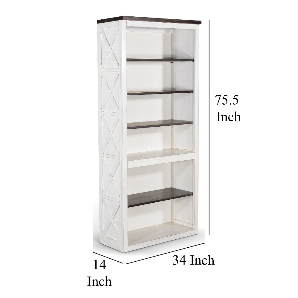 Zena Bookcase X Cross Panels and 5 Shelves 76’’ White Brown Veneer BM324771
