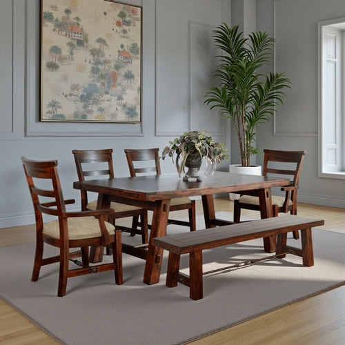 Reggie Dining Table, Turnbuckle Stretcher, 74" Brown Mahogany Wood