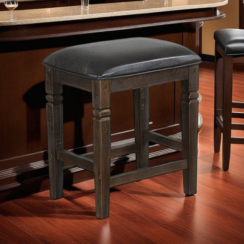 Flint Counter Stool, Set of 2, Black Faux Leather, Dark Brown Mahogany Wood