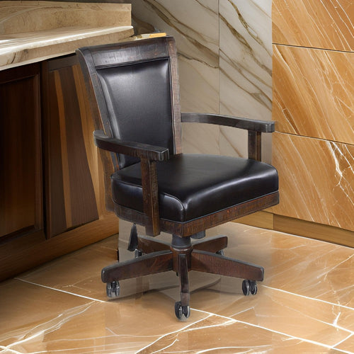 Flint Rolling Swivel Game Chair, Black Faux Leather, Dark Brown Wood
