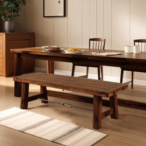 Reggie Wooden Bench | Rustic Brown Mahogany Wood, Angled Legs | Turnbuckle Accents | 64"